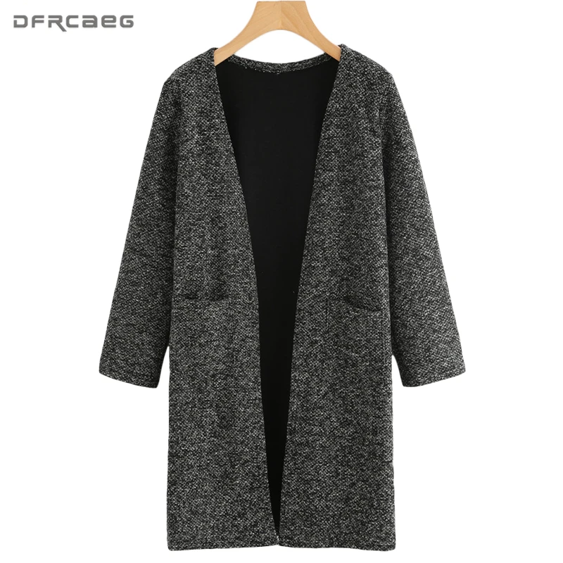 

2018 Autumn Winter Coat Women Fashion Open Stitch Pockets Female Cardigans Plus Size Gray Long Sleeve Knitting Sweater Outerwear