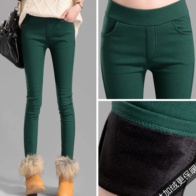 Горячая Распродажа, зимние женские штаны, чистый цвет, эластичные плюс бархатные плотные леггинсы, брюки размера плюс 3XL, женские теплые брюки, леггинсы - Цвет: Dark Green