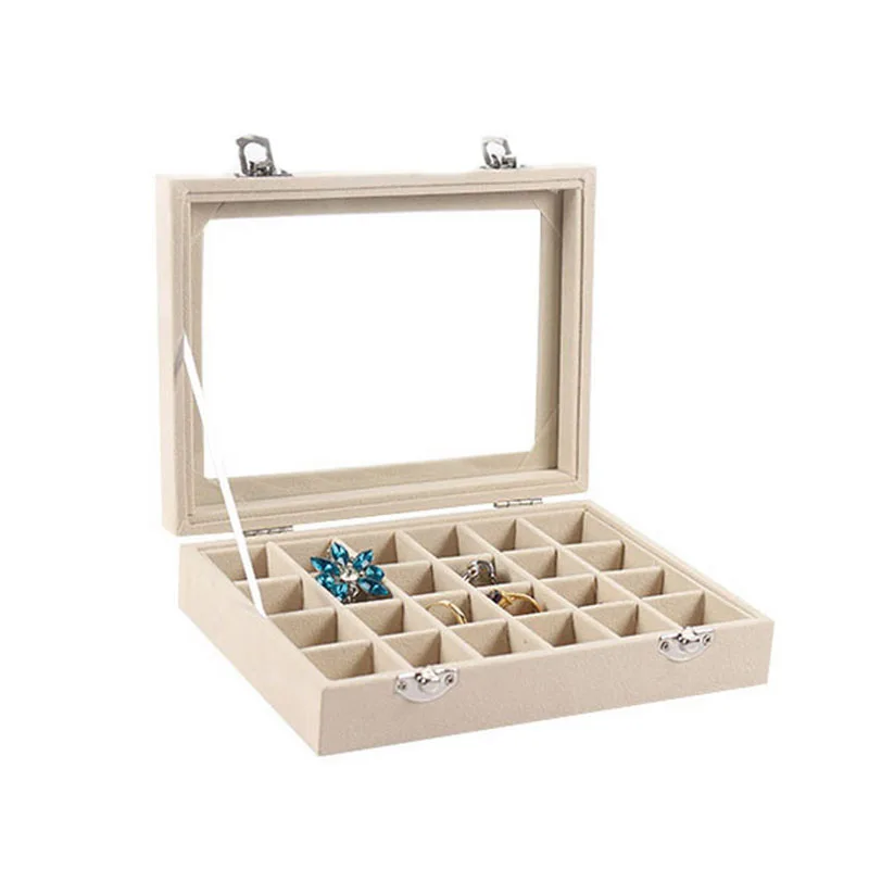 

24 Grid Beige Velvet Glass Rings Necklaces Storage Display Box Makeup Holder Case Organizer Ear Studs Jewelery Storage Box