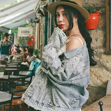 Повседневная короткая джинсовка, осенняя винтажная рваная джинсовка с отложным воротником, однобортная, с вышивкой и цветочными аппликациями, магазин Jessica's Store