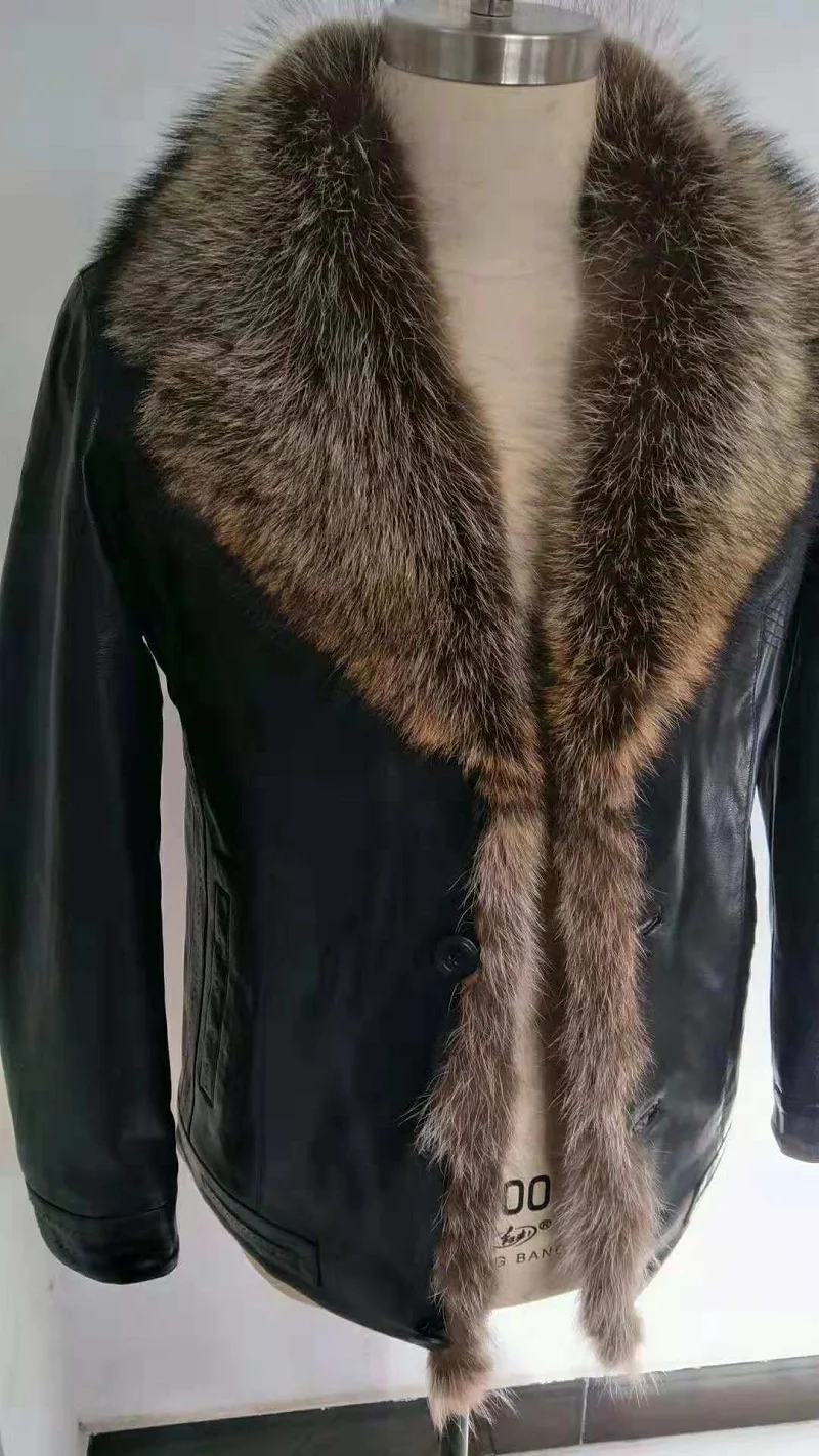Мужское зимнее пальто с мехом внутри, кожаная куртка, натуральный мех енота, капюшон, роскошная верхняя одежда, пальто, теплая утолщенная