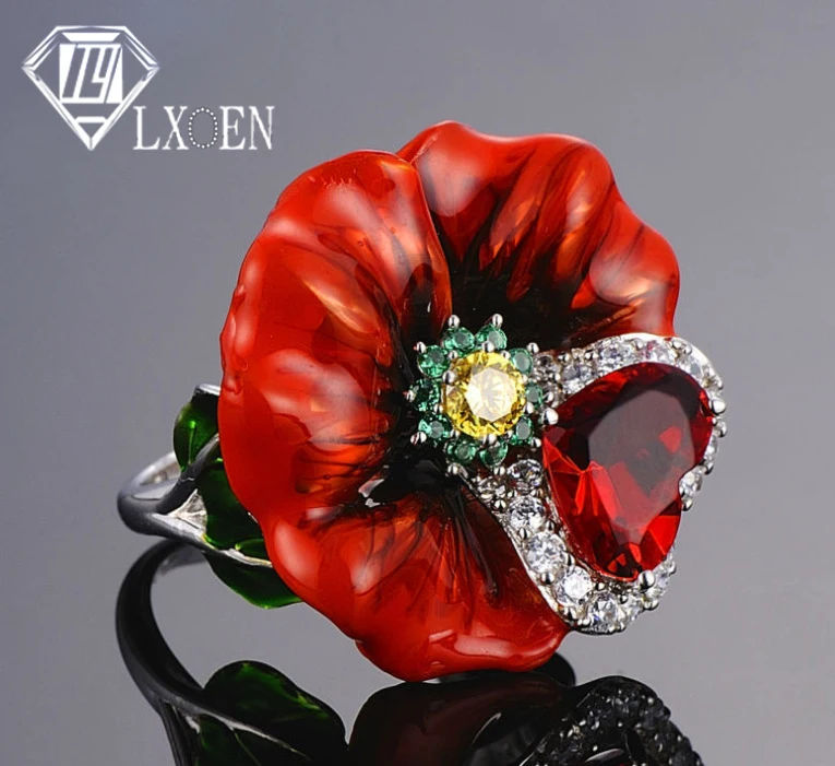 Роскошные свадебные кольца в форме Красного цветка в форме сердца для женщин ручной работы эмаль с серебряным цветом обручальное кольцо ювелирные изделия Подарочные Кольца
