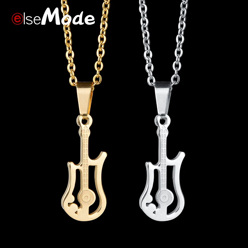 

ELSEMODE Hawaii Music Ukulele Guitar Pendant Necklace Rock Gold Color Stainless Steel Necklaces for Women Girl Jewelry N82
