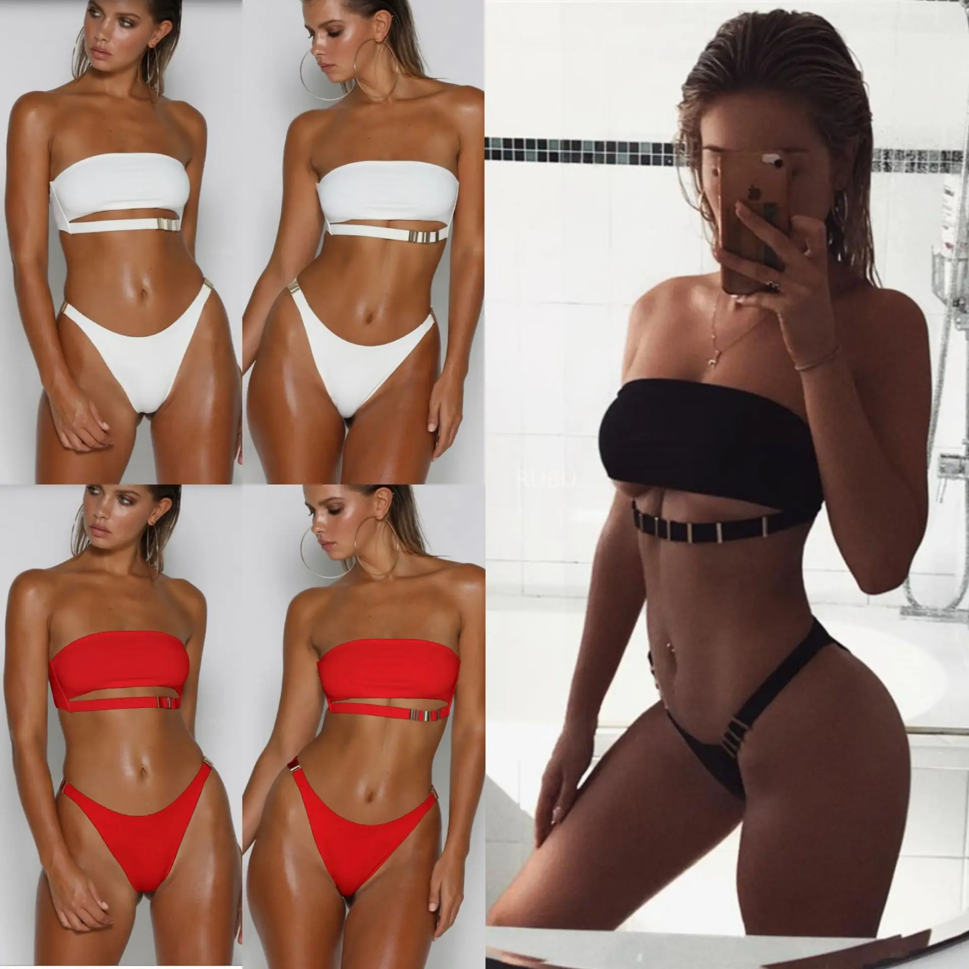 

Bikinis 2019 Mujer Swimwear Women Metal Buckle Ladies Split Swimsuit Sexy Solid Color Bandage Bikini Trajes De Mujer