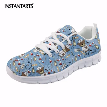 

INSTANTARTS Summer Breathable Mesh Flat Shoes Women Nurse Bear Print Woman Lace Up Sneaker Shoes Girls Lady Comfort Nursing Shoe