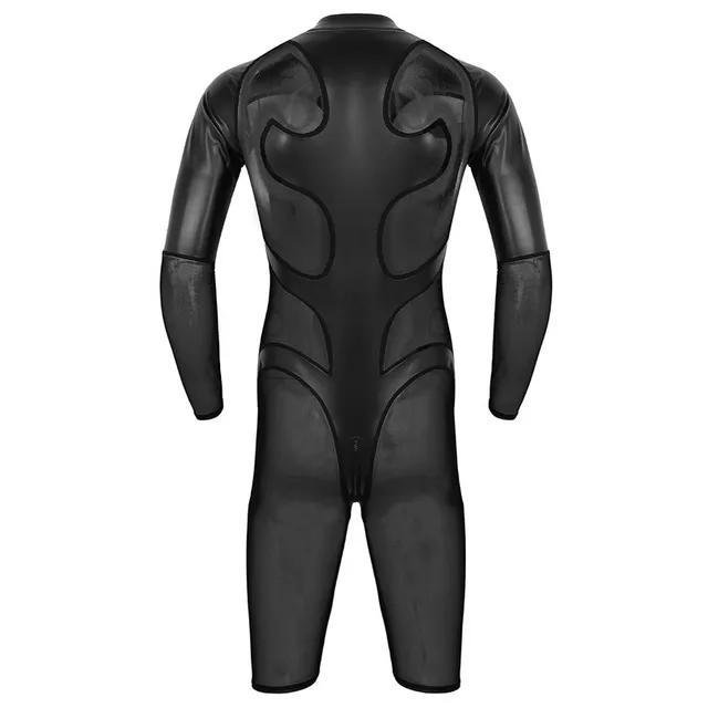 iEFiEL Mens Lingerie Sexy Male Faux Leather Mesh Splice Long Sleeve Zipper Soft Boxer Shorts Leotard Bodysuit Jumpsuit Romper -