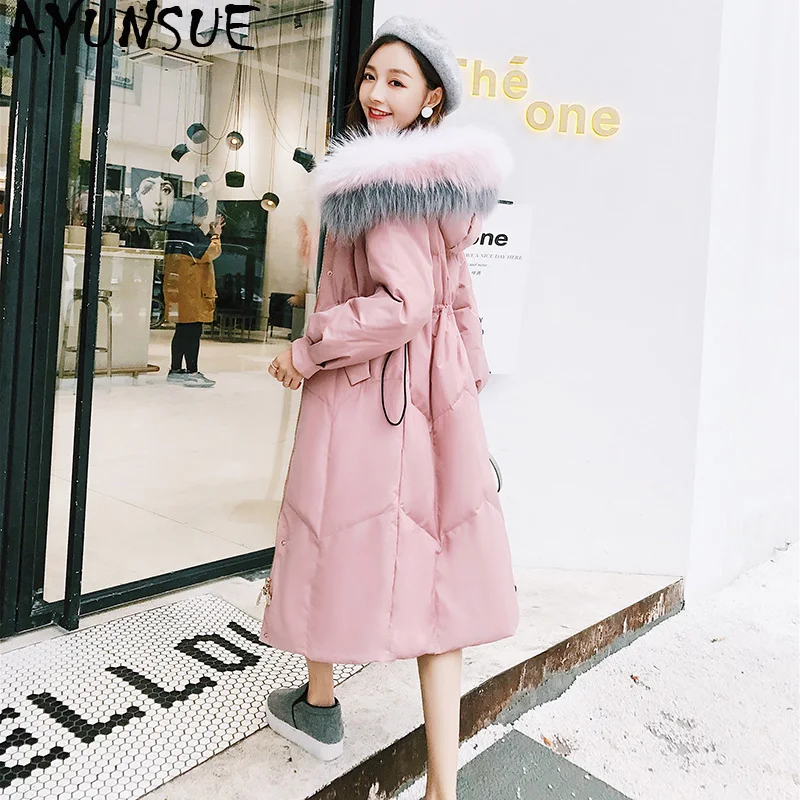 AYUNSUE женский пуховик с капюшоном, длинное зимнее пальто розового цвета, Женское пальто с меховым воротником, корейская мода, Chaqueta Mujer, KJ533