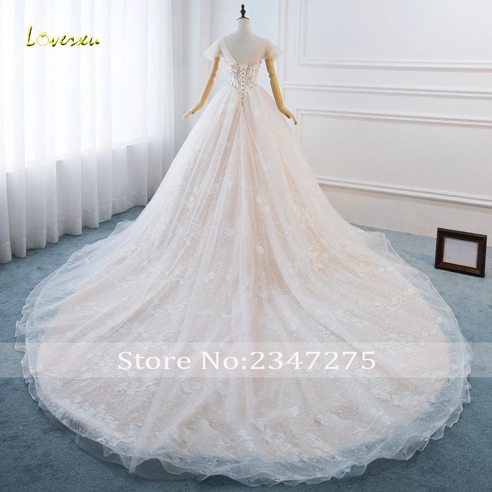 Loverxu Vestido De Noiva бальное платье с короткими рукавами, свадебное платье, эффектное с открытой спинкой и аппликацией, украшенное бисером, со шлейфом, кружевное свадебное платье