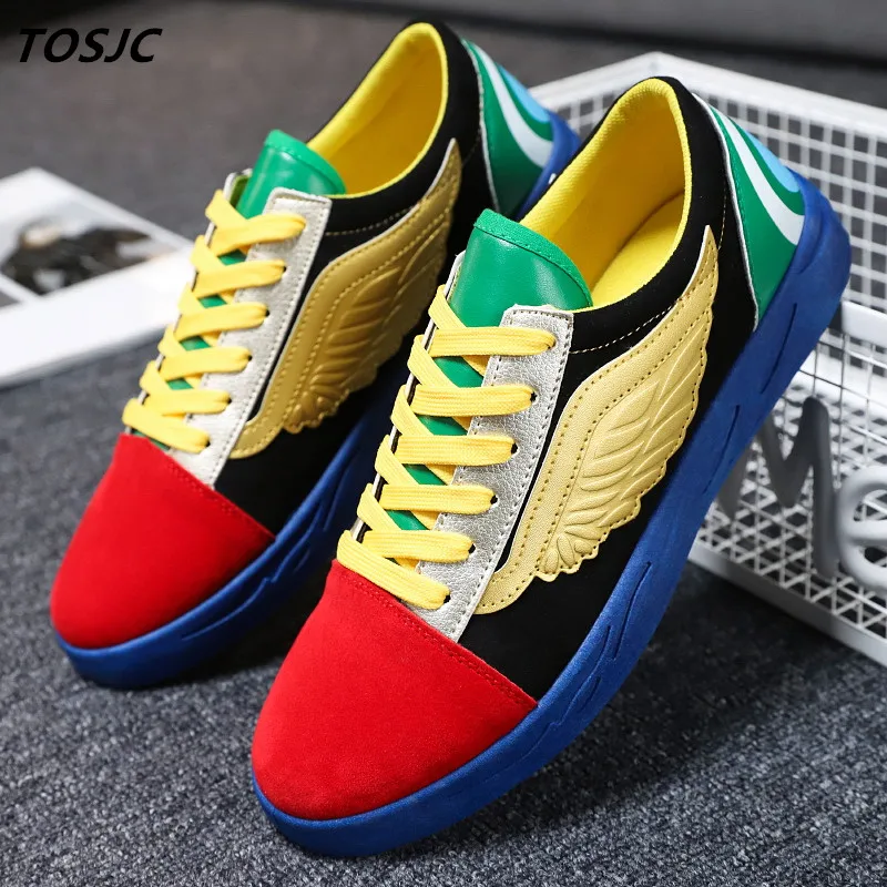 

QWEDF 2019 Man Casual Sneaker with wing Lace Up Vulcanized shoes Flat Male Shoes Red Color Breathable comfort size 39-44 HX-39