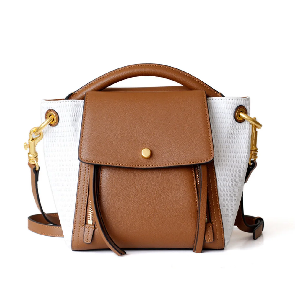 

2018 New Contrast Color Handbag Single Shoulder Women's Bag Vintage Bucket All-match Panelled Messenger Commuter Bag Simple