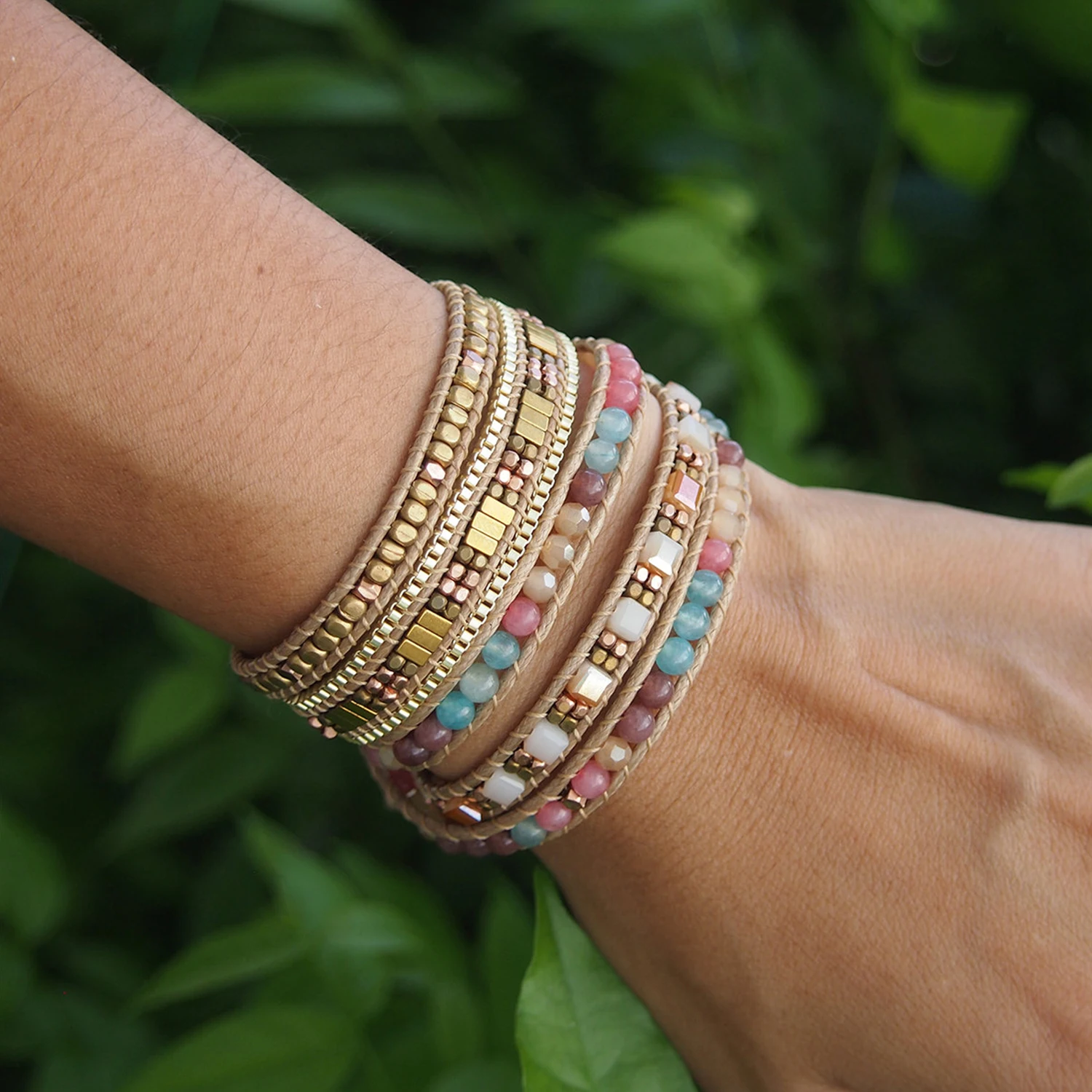 

Boho Gem stone Bead Multi Color Leather 5 Wrap Handmade Statement Bracelet Jewelry