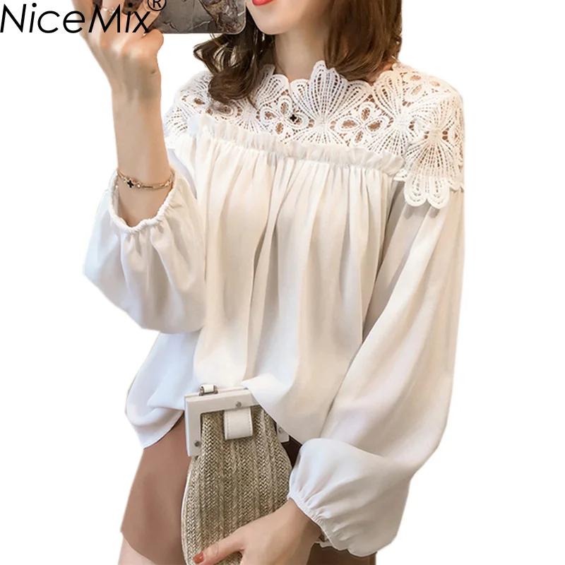 

NiceMix 2019 Summer Blouse Women Casual Elegant Chiffon Blusas Sweet Lace Tops Blouses Plus Size Loose Long Sleeve Blusa Femme