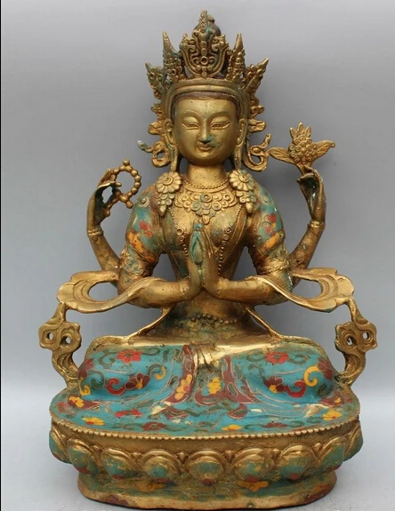 

005119 11' Tibet Cloisonne Bronze Gild 4 arms Chenrezig Buddha Avalokiteshvara Statue