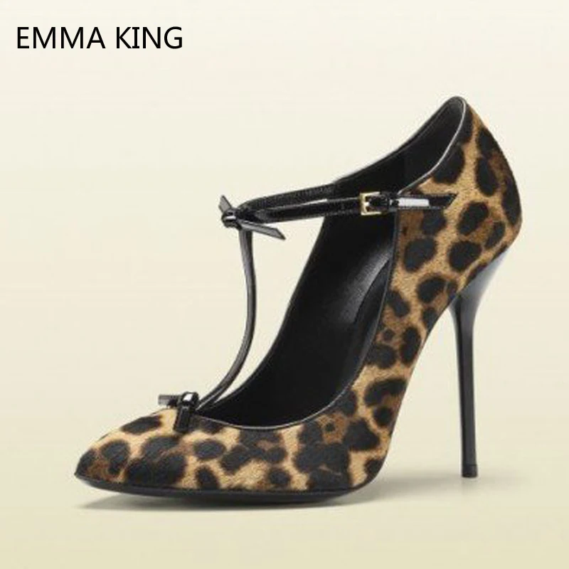 

Leopard Suede Pointy Toe T-strap Heels Pumps Women's Chic Stiletto High Heels Blue Patent Leather Sexy Dress Shoes Party Pumps