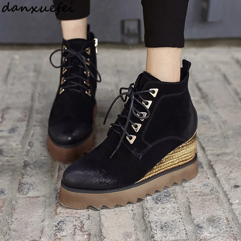 Chaussures À Appartements Loisirs Rivet Black Plate De forme Punk Daim Wedge Chanvre Véritable Martin Court Lacets Bottines Cuir Bottes Femmes Chaussons 0zPUwF0q