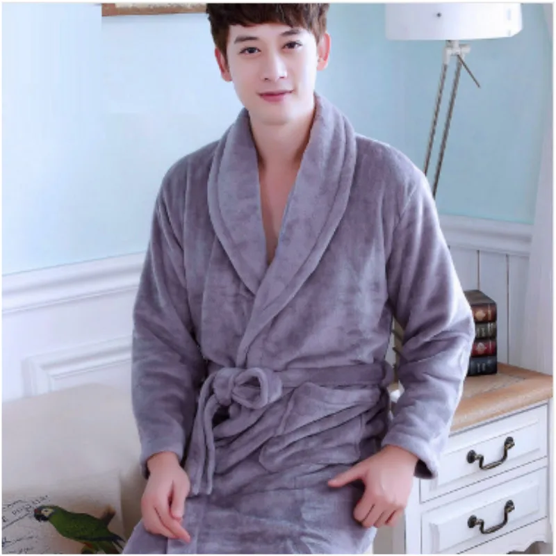 

Men's Robe Flannel Bathrobe Adult Autumn Winter Coral Fleece Homewear Male Long Sleeved Gray Pajamas Men's Warm Homewear B-5948