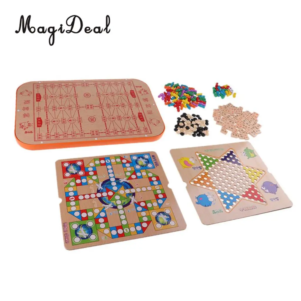 6 In 1 Wooden Chess Pieces Game Board Chinese Checkers Gobang Stratego for Kids Adults Entertainment