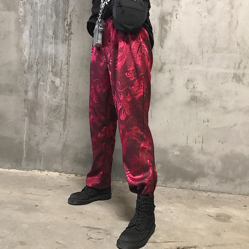 Брюки Харадзюку женские в китайском стиле феникс рисунок тотемного дракона атласные прямые брюки унисекс хип-хоп низ эластичный пояс - Цвет: Wine Red Pants