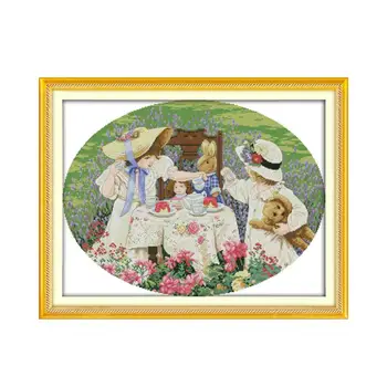 

Two little girls figures tying cross stitch suits outskirts of afternoon tea girl and ragdoll on wall decoration accessories