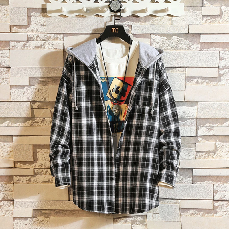 

Open Stitch Men's Plaid Shirts Back Print Hooded Cardigan Teens Casual Wear High Grade Male Coat for Spring Fall Oversize 5XL