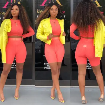 

neon green two piece set long sleeve tank top sexy crop top and high waist tight shorts womens 2019 summer set club outfits