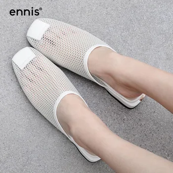 

ENNIS 2019 Summer Mesh Slippers Women Round Toe Flat Slippers Sandals Fashion Leather White Black Apricot Casual Shoes NEW M981