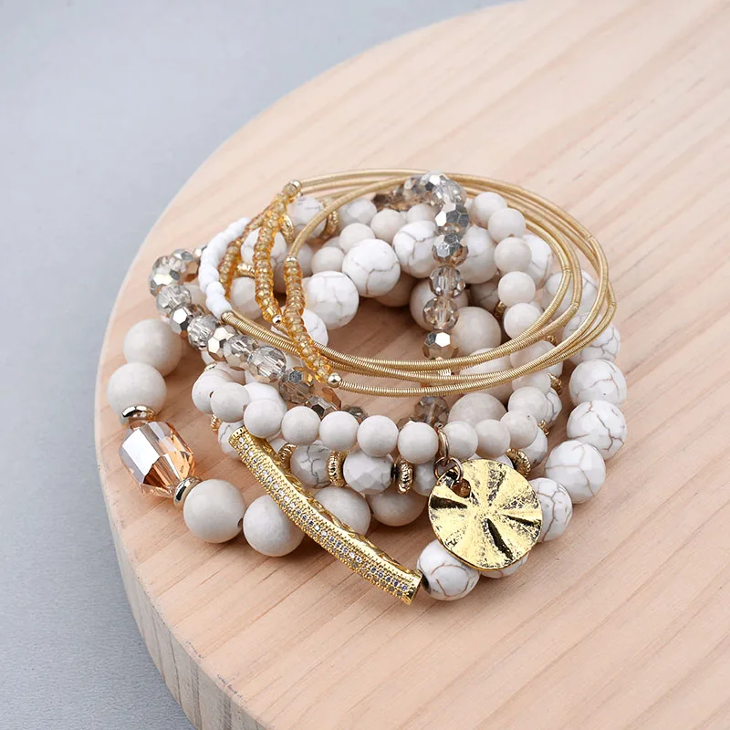 BOJIU Многослойные браслеты из натурального камня для женщин, золотой циркониевый весенний белый браслет с кристаллами из речного камня Howlite BCSET199 - Окраска металла: Bracelets Set