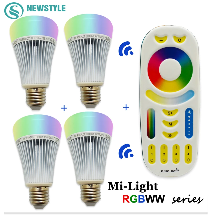 

8W E27 LED Bulb RGBWW AC85-265V Mi.light LED Spolight Light with 2.4G RF Remote Controller LED Lamps Set