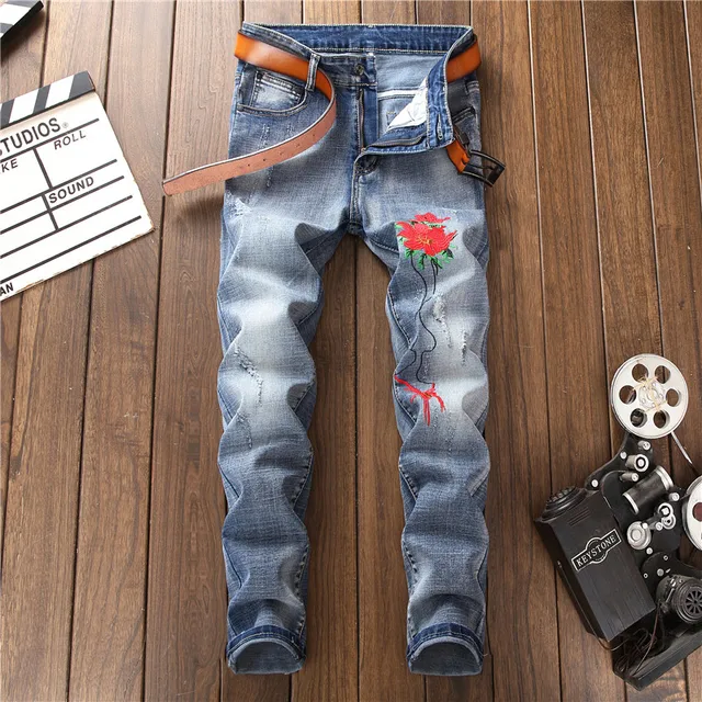 2018 Vintage Light Blue Men Jeans Stretch Destroyed Ripped Design ...