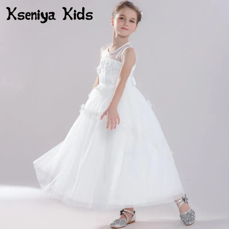 

Kseniya Kids Dresses For Party And Wedding White Long Evening Dress Flower Applique Hollow Children Formal Dress