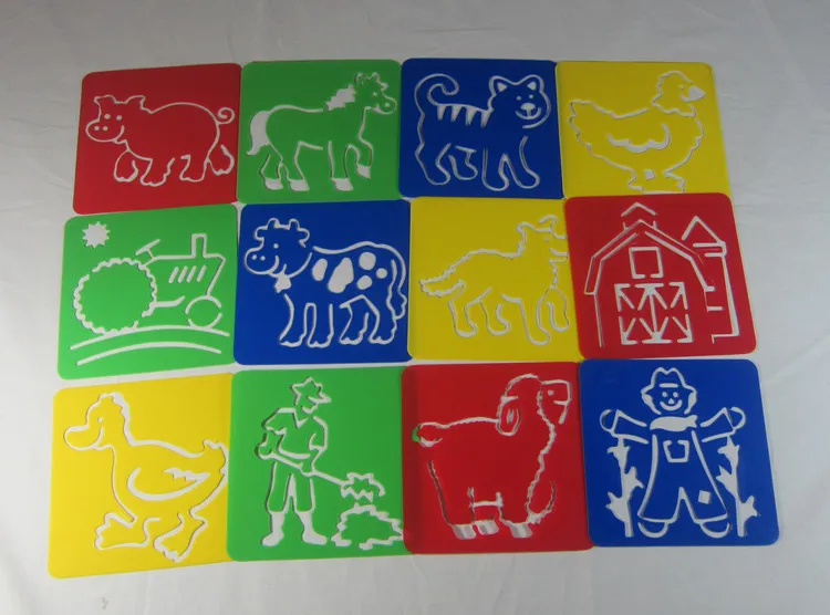 

Free shipping , farmTheme, farmer,house,chicken, horse Kids Plastic Picture drawing template Children stencils for painting
