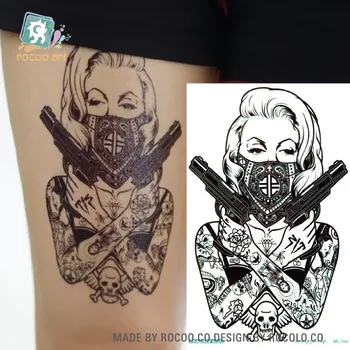 

Rocooart Mask Women Gun Tattoo Body Art Waterproof Temporary Tattoo Stickers For Men Henna Tatouage Terrorist Fake Tattoo Taty