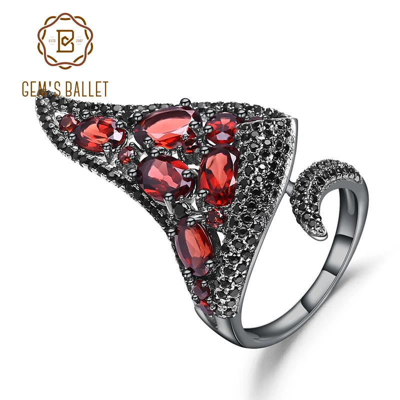 GEM'S BALLET Natural Red Garnet Gemstone Open Finger Ring 925 Sterling Sliver Vintage Gothic Punk Ring For Women Party Jewelry GEM'S BALLET Natural Red Garnet Gemstone Open Finger Ring 925 Sterling Sliver Vintage Gothic Punk Ring For Women Party Jewelry