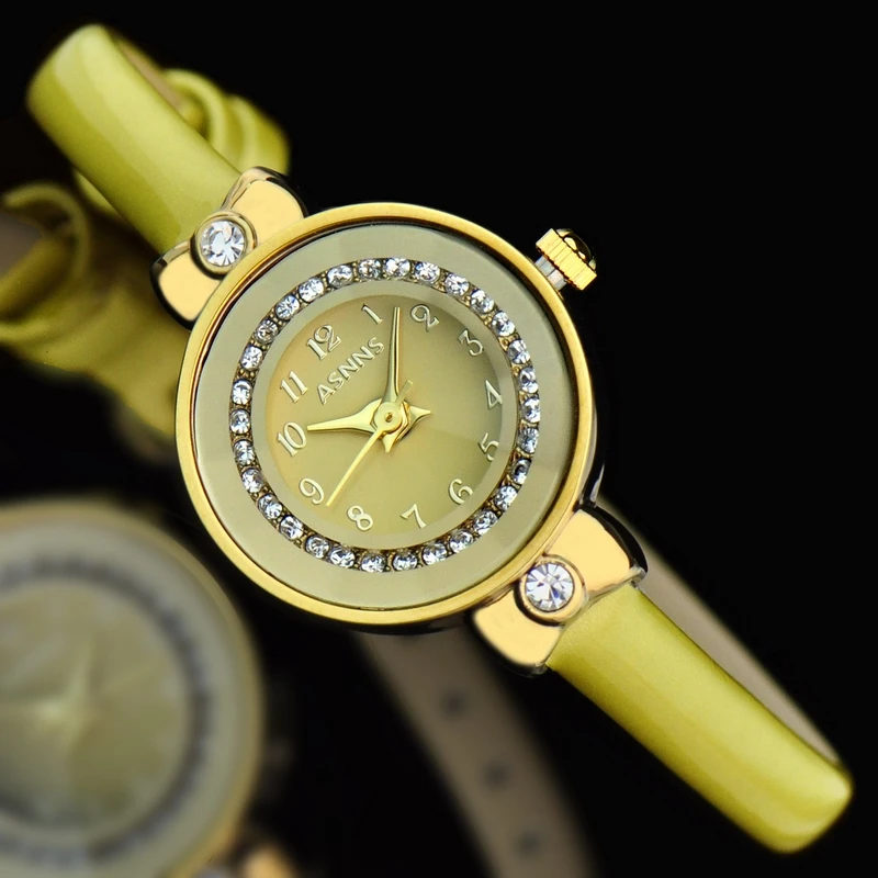 ASNNS genuine fashion compact mirror cut diamond ring belt watches lady genuine leather wristwatch