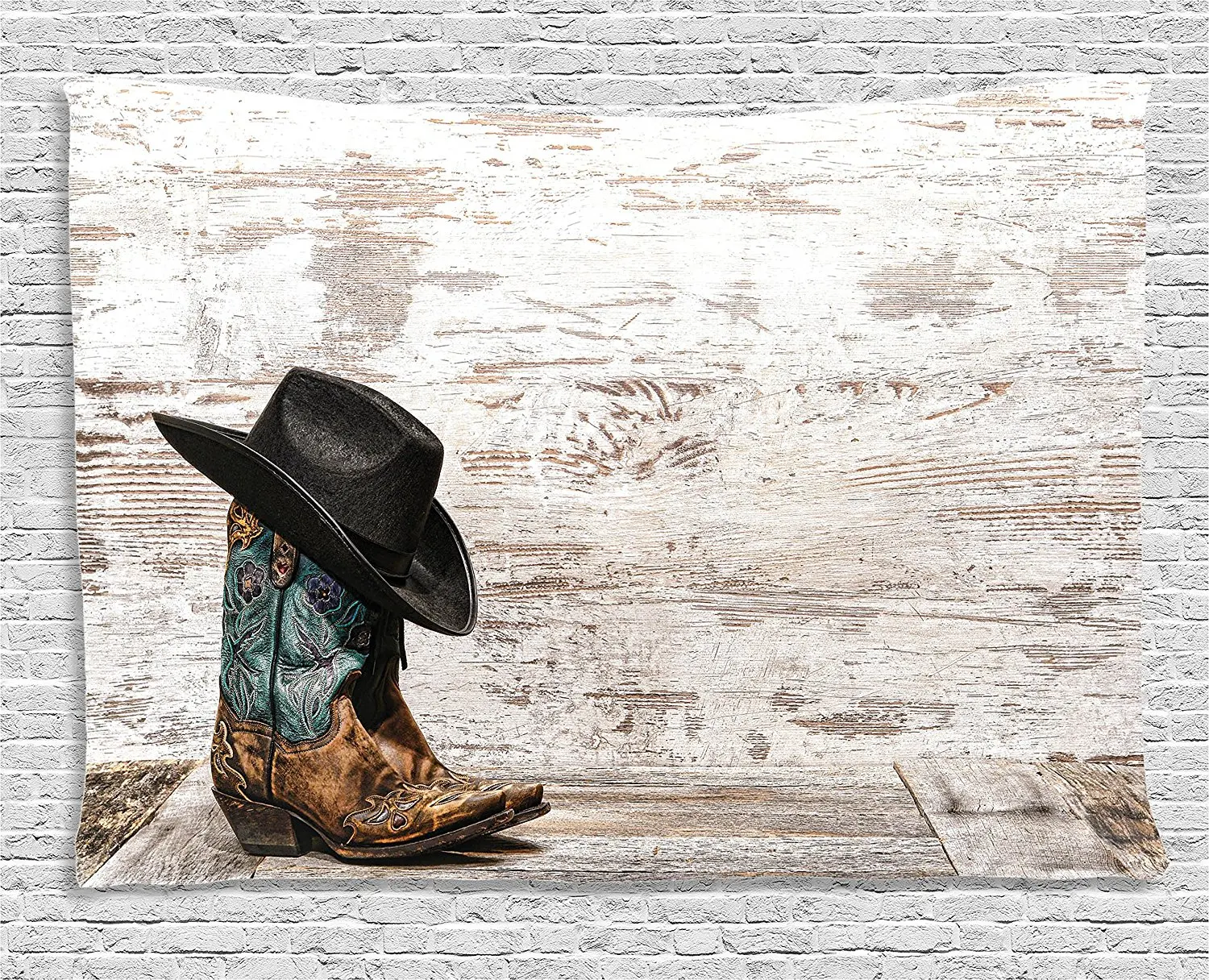 

Western Decor Tapestry Traditional Rodeo Cowboy Hat and Cowgirl Boots in a Retro Grunge Art Wall Hanging for Dorm
