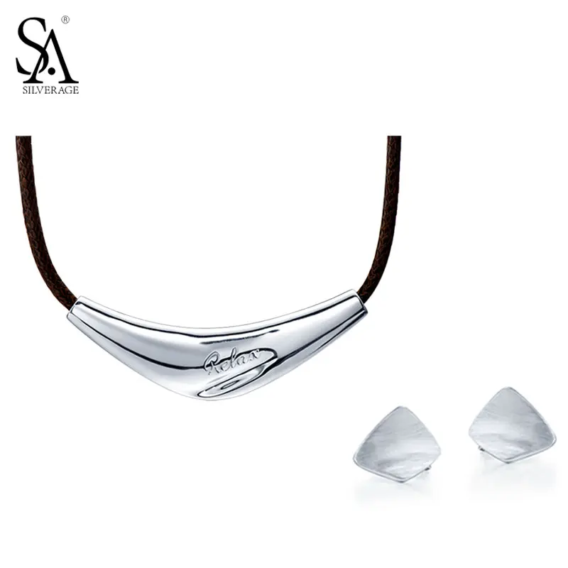 

SA SILVERAGE 925 Sterling Silver Set Geometry Choker Necklace And Earrings Set Leather Rope Pure Silver Women Accessory Gift