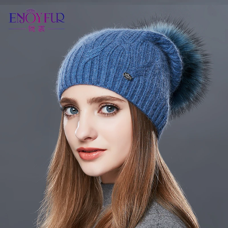 Kopen ENJOYFUR Hoge Kwaliteit Kasjmier Vrouwen Winter Hoeden Mode Link Type Gebreide Muts Meisje Herfst Bont Pompom Mutsen 2018