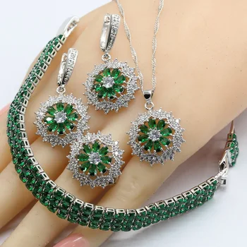 

925 Silver Jewelry Sets For Women Green Emerald Necklace Pendant Bracelets Earrings Rings Gift Box