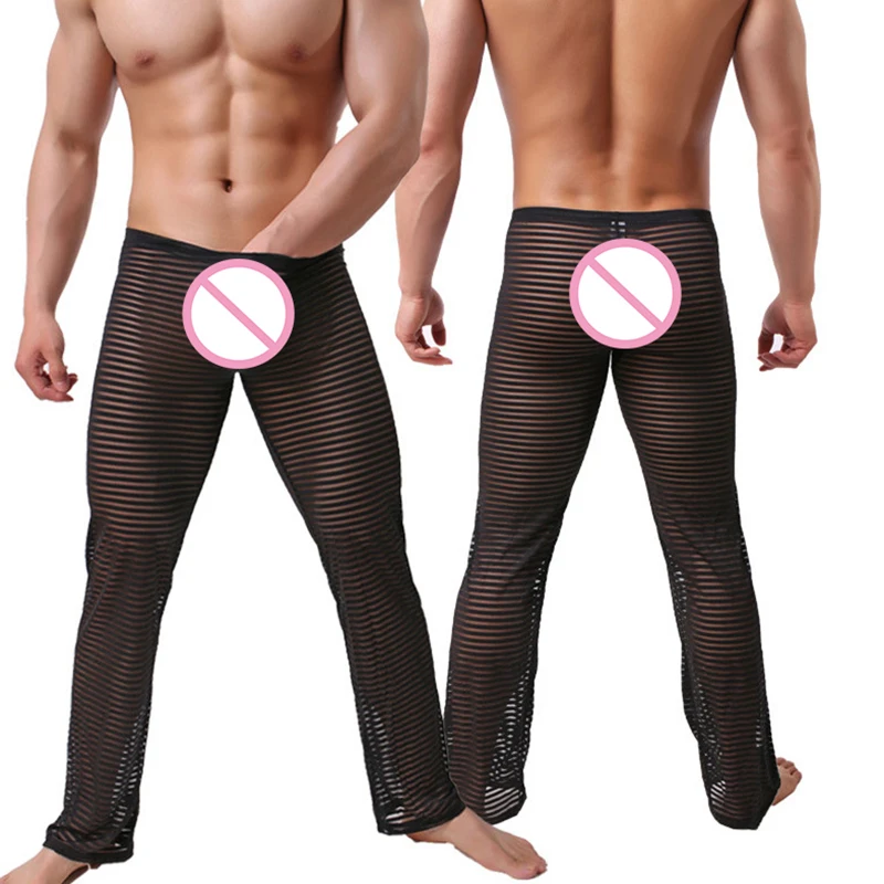

Men Sexy See Through Lounge Pants Gay sleepwear Gay Male Funny Striped Long Pajama Bottoms Comfortable Sleep Bottoms
