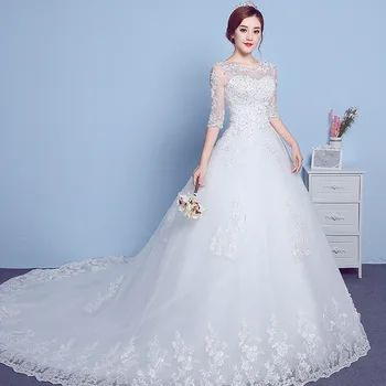 

2019 New Sleeves Round Neck Trailing Simple Lace Pregnant Women Wedding Dress