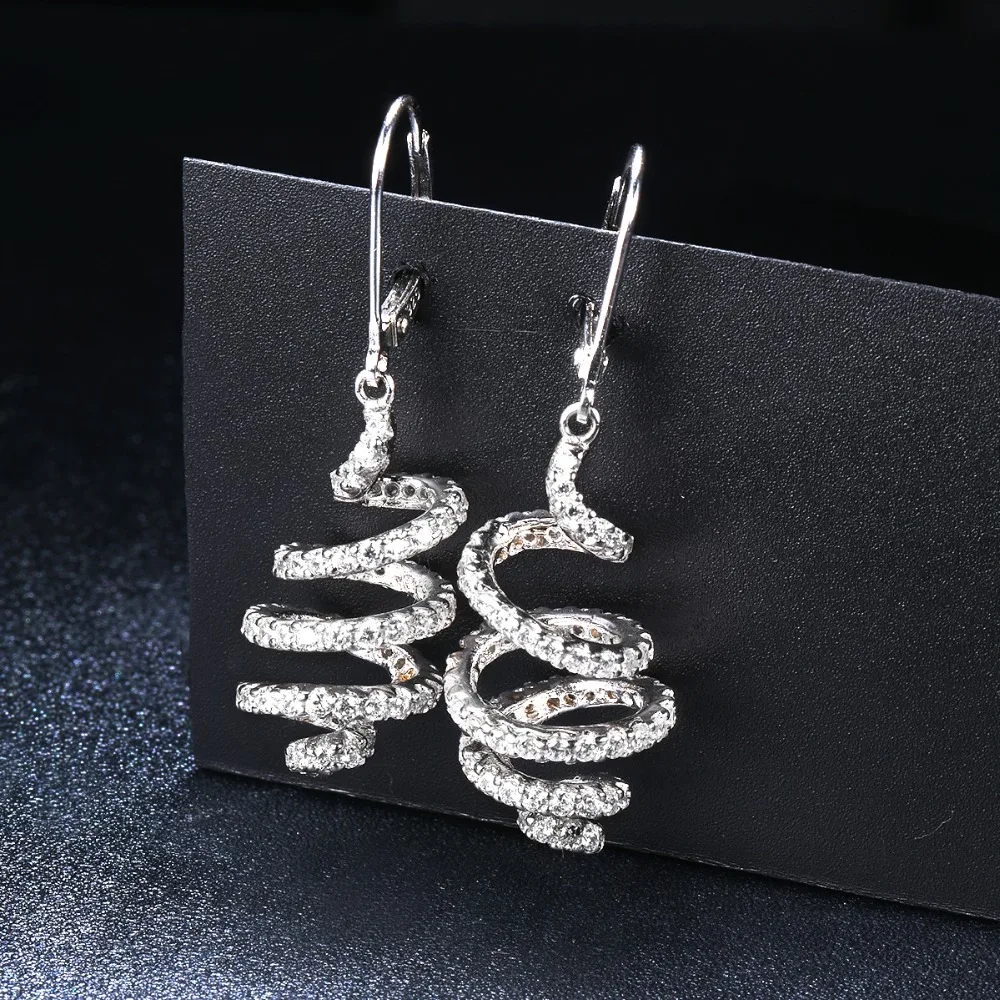 Lady's 925 Silver Spiral Earrings Cubic Zirconia Drop Dangle Earrings