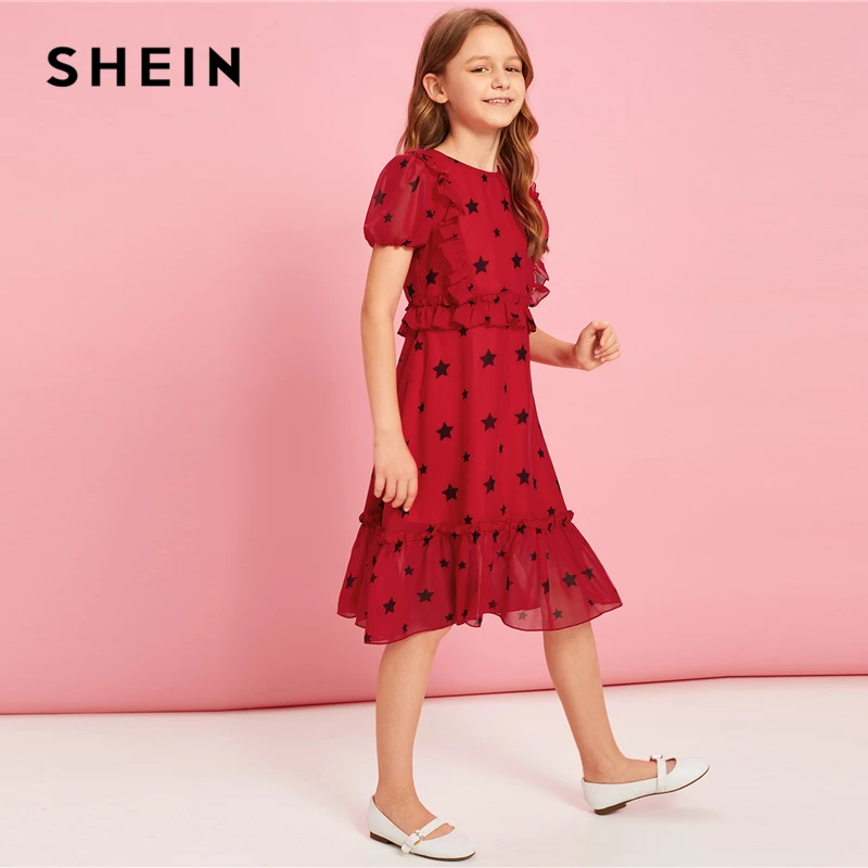 SHEIN/детское праздничное платье для девочек с принтом Красной звезды и оборками на подоле; коллекция года; милое летнее платье на молнии с рукавами-фонариками для подростков