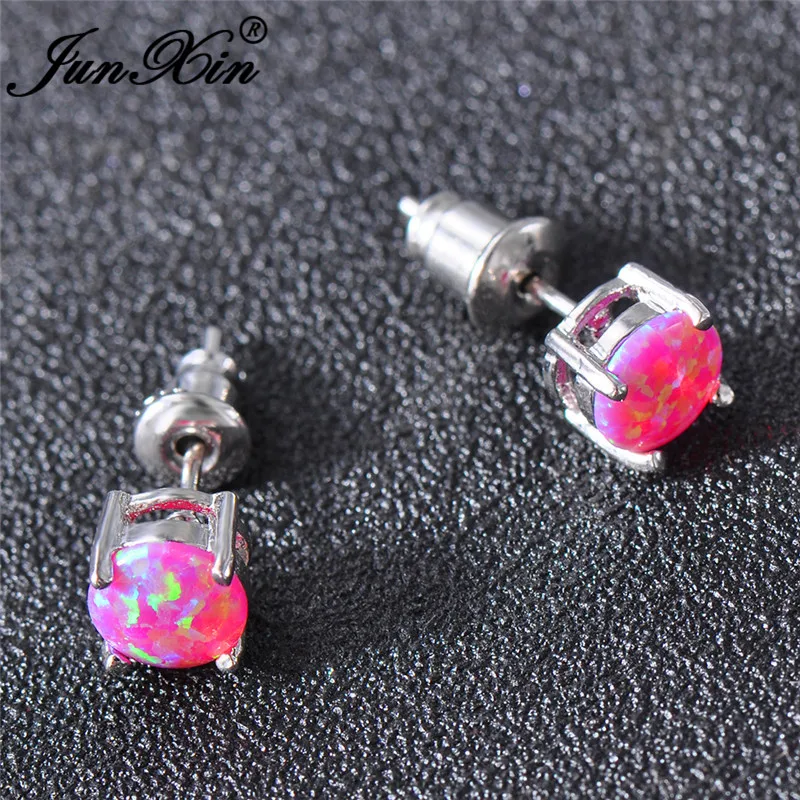 JUNXIN Cute Pink/Purple/Blue Fire Opal Stud Earrings For Women Silver Color Rainbow Birthstone Round Earrings Gift