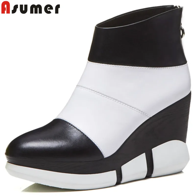 

ASUMER hot sale ankle boots for women round toe genuine leather boots mixed colors wedges high heels shoes autumn winter boots