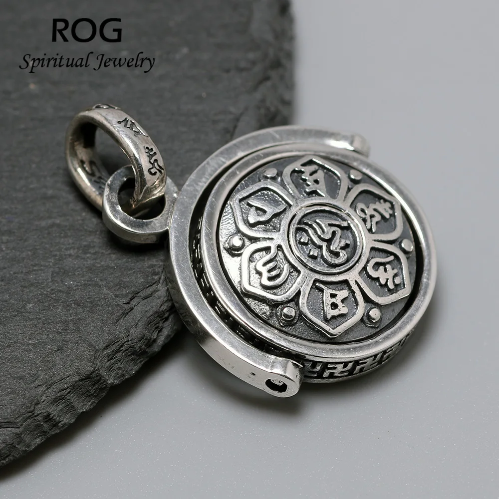 

925 Sterling Silver Six Words' Sutra Pendant Om Mani Padme Hum 360 Rotating Mantra Pendant For Men Religious Jewelry