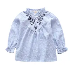 Весенне-осенняя рубашка для малышей, пуловер, блузка для девочек, детские топы, детская модная одежда с рюшами и цветочной вышивкой, на