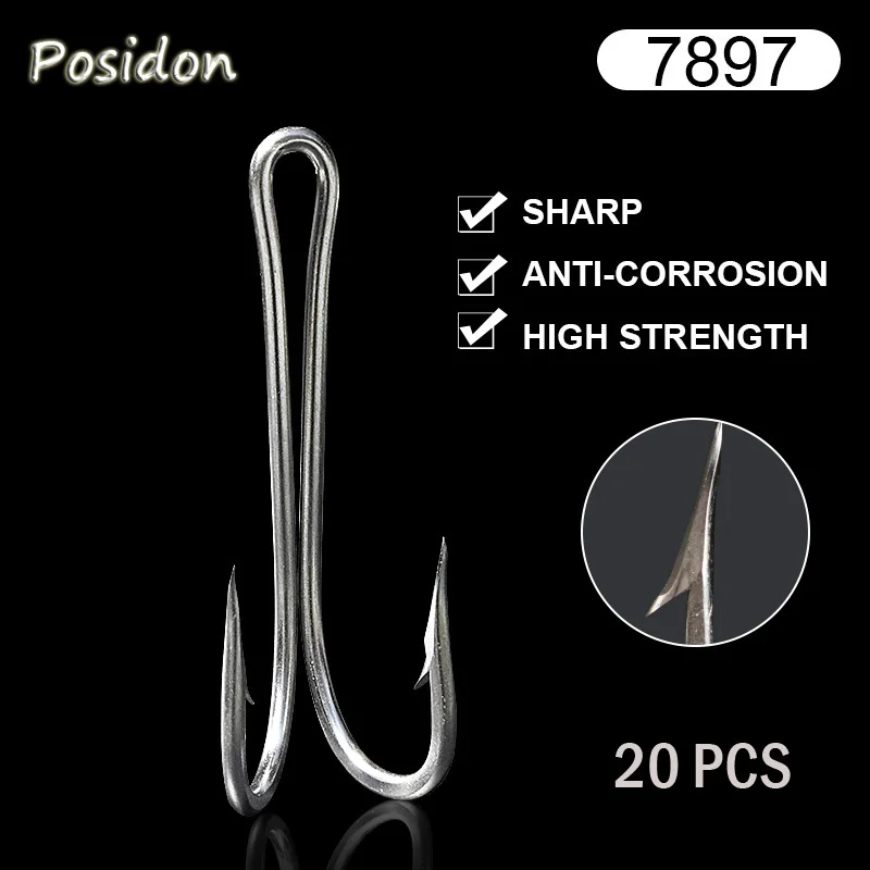 Posidon 20 Pcs/Pack 7897 Duple Hook Stainless Steel Big Double Fishing Hooks Large Non-Weld Fish For Trolling Lures | Спорт и