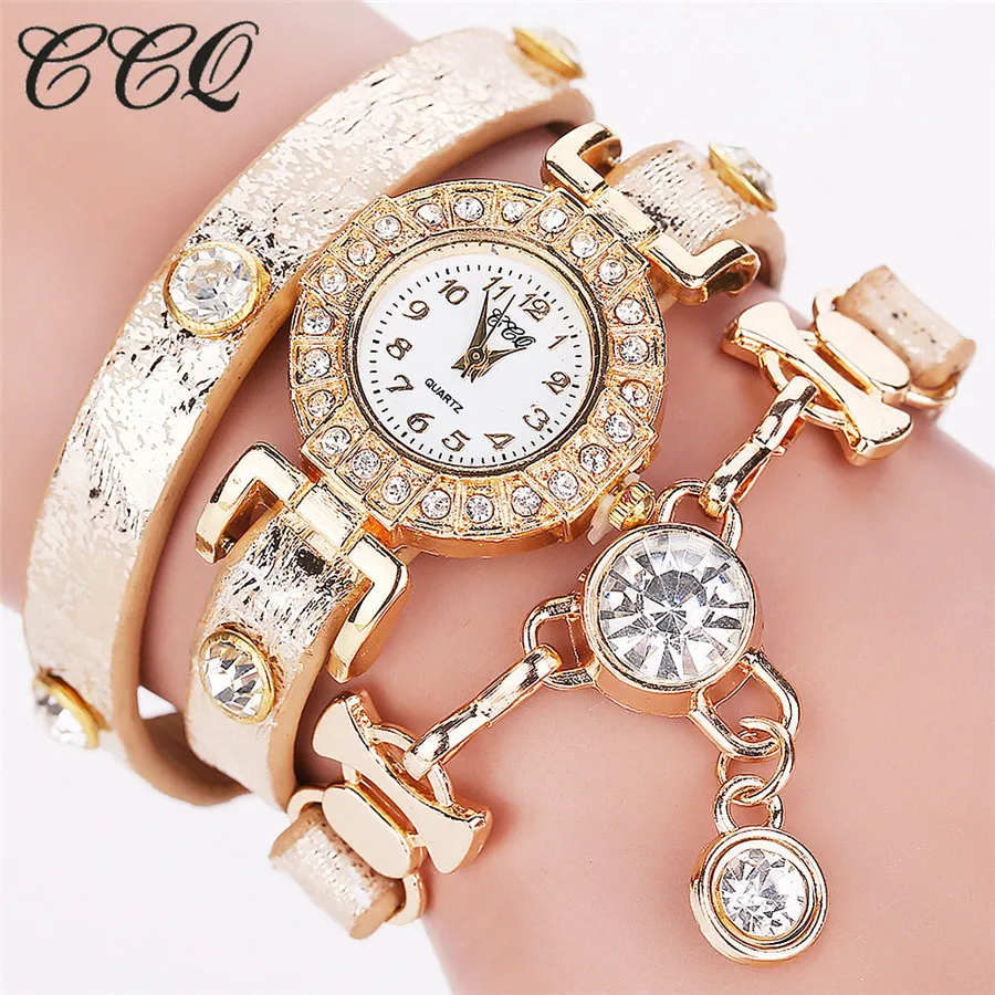 

CCQ Women Leather Strap Watch Gold Dial Rhinestone Quartz Watch Relojes Mujer Summer Style Laides Casual Wrist Watch 1643