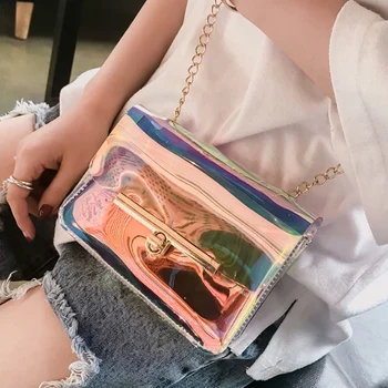 

LJL-Women PVC+PU Chain Bag Transparent Clear Tote Shoulder Crossbody Handbag Bags