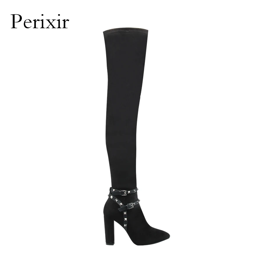 

Perixir 2017 Fashion Suede Over Knee Boot 10cm High Chunky Heel Rivet Side Zipper Pointed Toe Shoes For Women